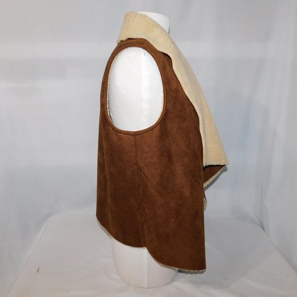 Chaps Petite Womens Medium Faux Brown Suede Shearling Open Vest - Picture 7 of 8